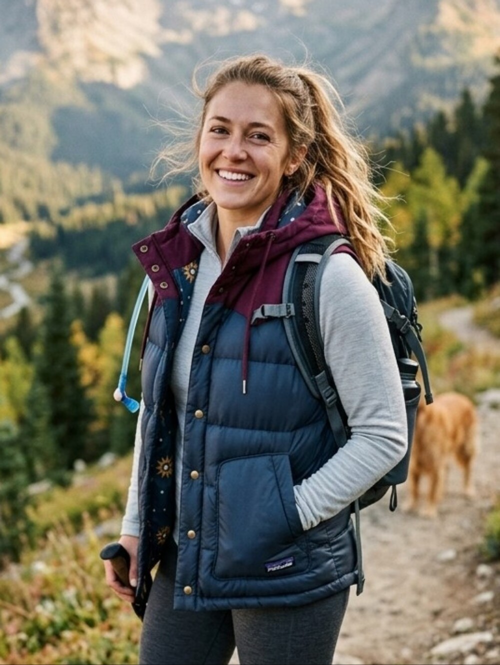 Patagonia Women’s XS Bivy Hooded Vest Smolder Blue Dark Currant Down Filled